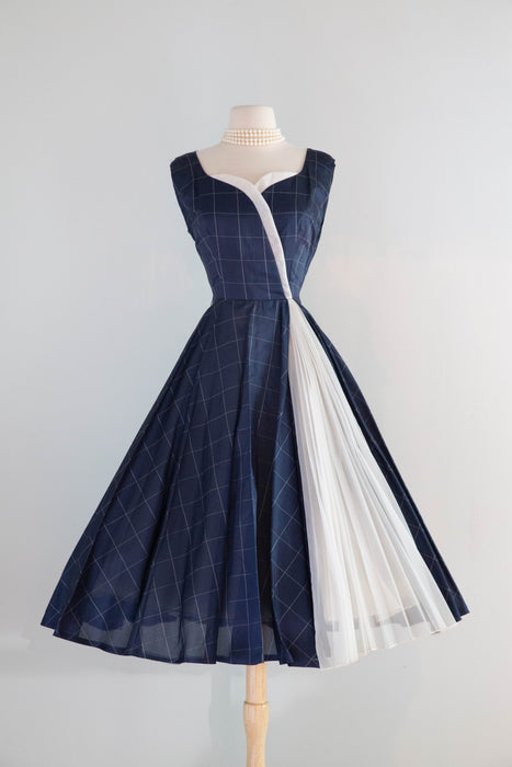 1950s Claudia Young Navy Silk Party Dress with White Pleated Inset / S