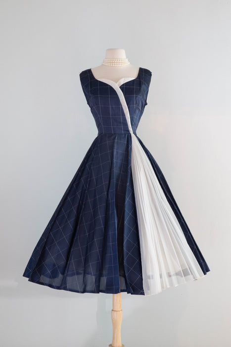 1950s Claudia Young Navy Silk Party Dress with White Pleated Inset / S