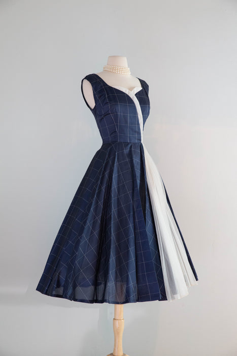 1950s Claudia Young Navy Silk Party Dress with White Pleated Inset / S