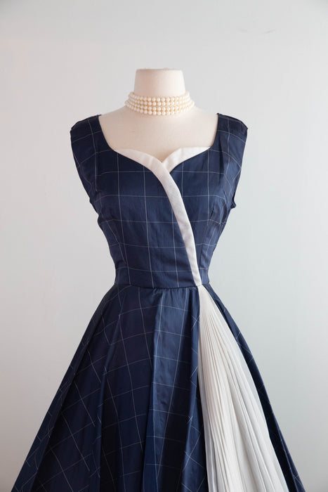 1950s Claudia Young Navy Silk Party Dress with White Pleated Inset / S