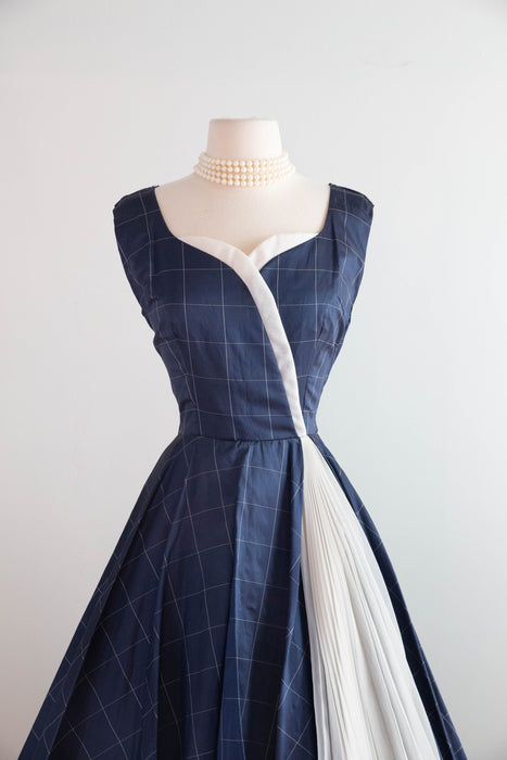 1950s Claudia Young Navy Silk Party Dress with White Pleated Inset / S