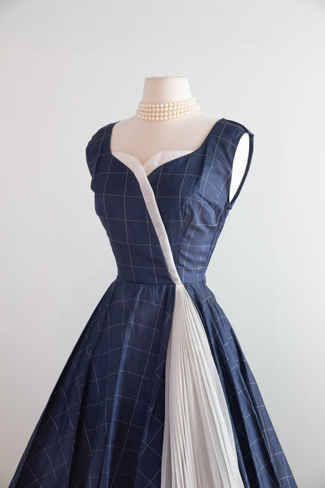 1950s Claudia Young Navy Silk Party Dress with White Pleated Inset / S