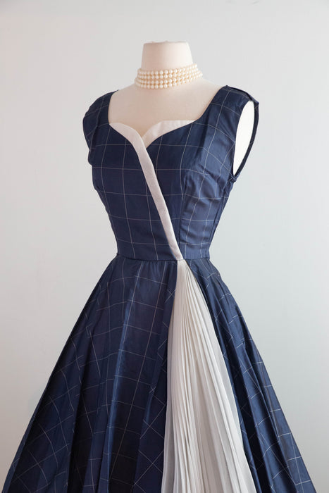1950s Claudia Young Navy Silk Party Dress with White Pleated Inset / S