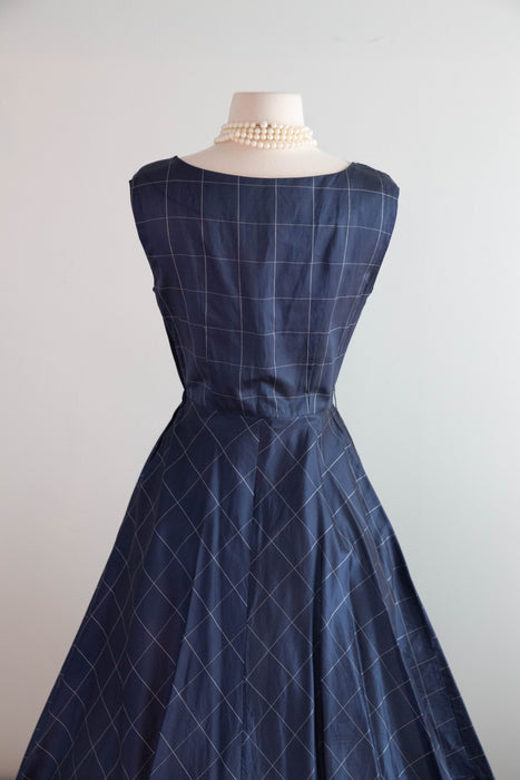 1950s Claudia Young Navy Silk Party Dress with White Pleated Inset / S