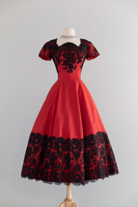Gorgeous 1950's Red Taffeta Evening Dress With Black Floral Lace / S