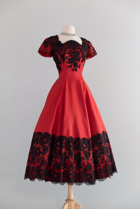 Gorgeous 1950's Red Taffeta Evening Dress With Black Floral Lace / S