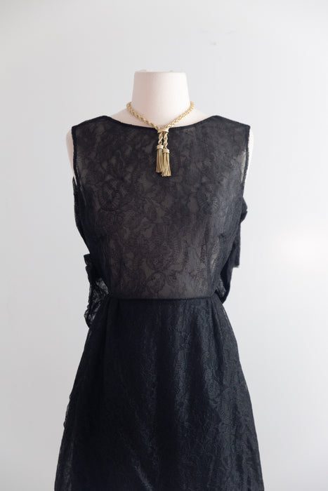 Vintage Valentino Sheer Black Lace Cocktail Dress With Open Bow Back / M