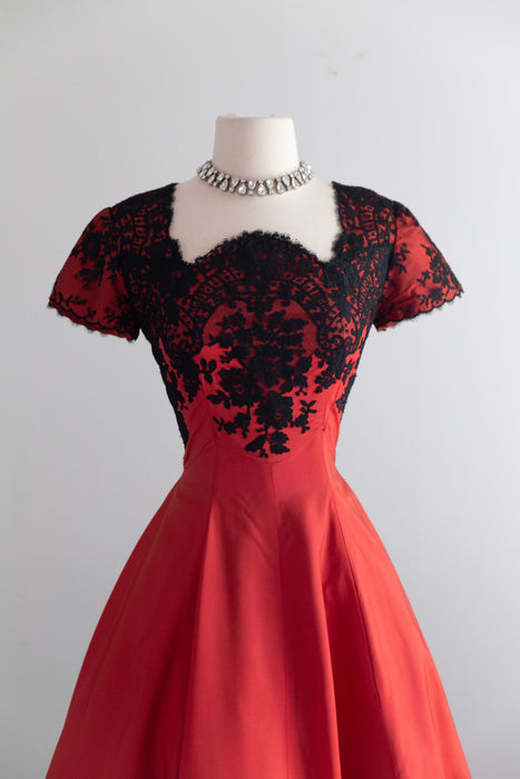 Gorgeous 1950's Red Taffeta Evening Dress With Black Floral Lace / S