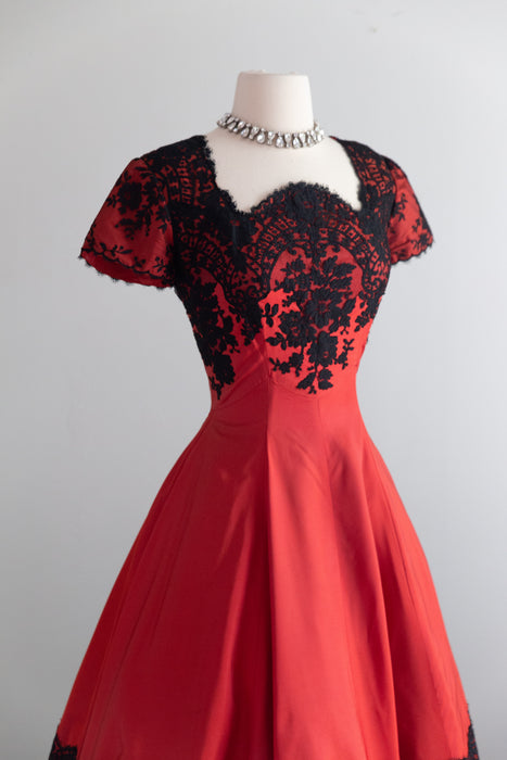 Gorgeous 1950's Red Taffeta Evening Dress With Black Floral Lace / S