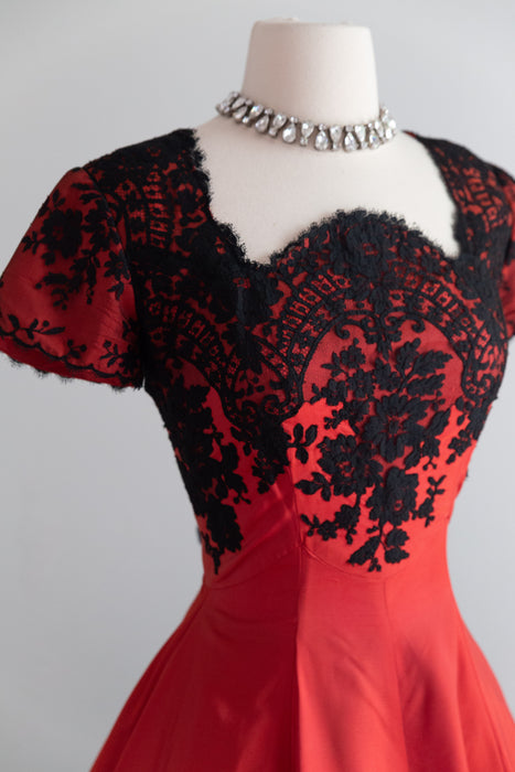 Gorgeous 1950's Red Taffeta Evening Dress With Black Floral Lace / S