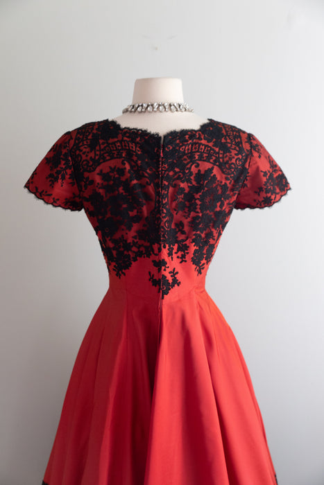 Gorgeous 1950's Red Taffeta Evening Dress With Black Floral Lace / S