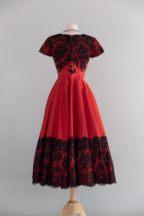 Gorgeous 1950's Red Taffeta Evening Dress With Black Floral Lace / S