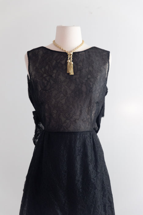 Vintage Valentino Sheer Black Lace Cocktail Dress With Open Bow Back / M