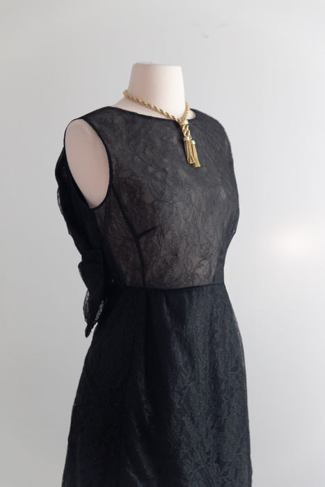 Vintage Valentino Sheer Black Lace Cocktail Dress With Open Bow Back / M