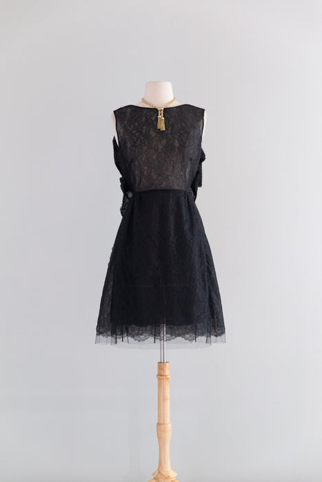 Vintage Valentino Sheer Black Lace Cocktail Dress With Open Bow Back / M
