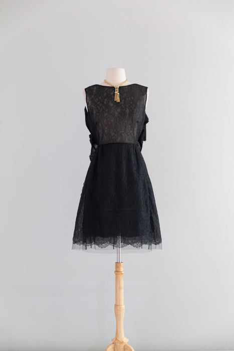 Vintage Valentino Sheer Black Lace Cocktail Dress With Open Bow Back / M
