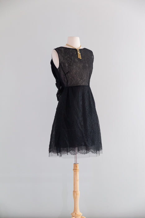 Vintage Valentino Sheer Black Lace Cocktail Dress With Open Bow Back / M