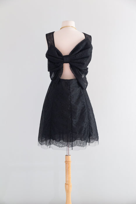 Vintage Valentino Sheer Black Lace Cocktail Dress With Open Bow Back / M