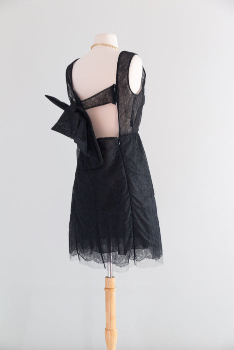 Vintage Valentino Sheer Black Lace Cocktail Dress With Open Bow Back / M