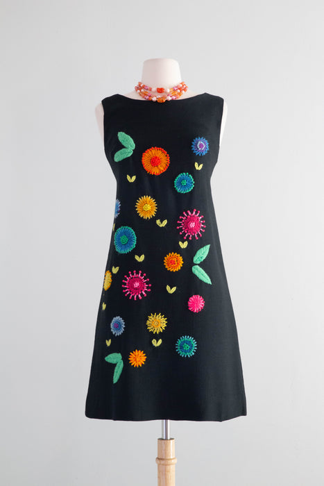 Adorable 1960's Embroidered Floral Shift Dress / Medium Xtabay Vintage Adorable 1960's Embroidered Floral Shift Dress / Medium Xtabay Vintage