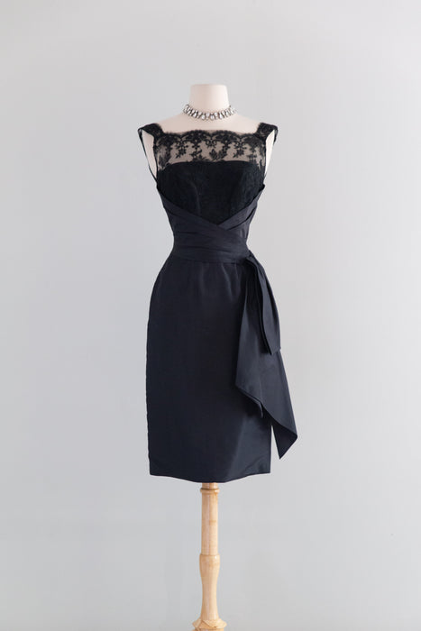 Glamorous 1950's Black Silk Taffeta Cocktail Dress By Milgrim / XS