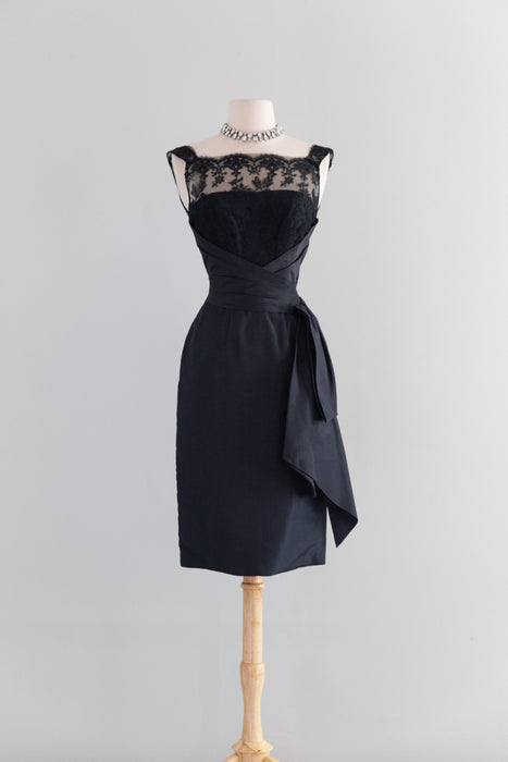 Glamorous 1950's Black Silk Taffeta Cocktail Dress By Milgrim / XS