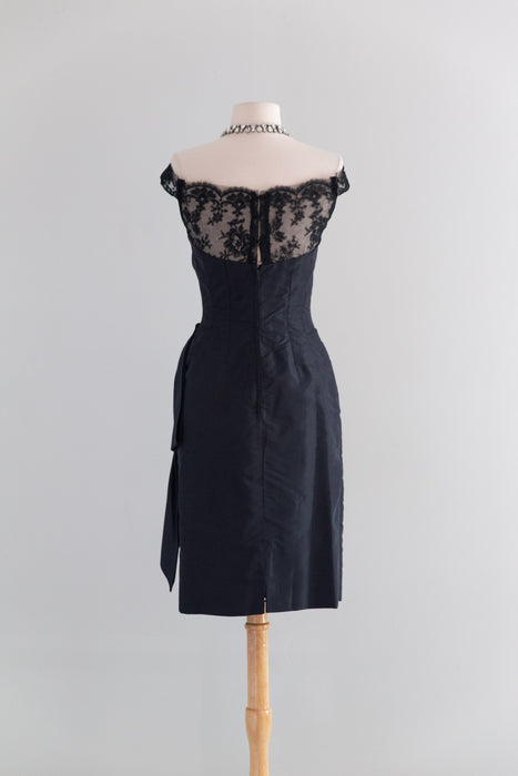 Glamorous 1950's Black Silk Taffeta Cocktail Dress By Milgrim / XS