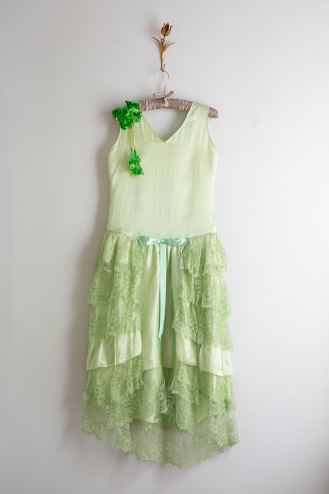 Ethereal 1920's Absinthe Green Silk Flapper Dress / Small