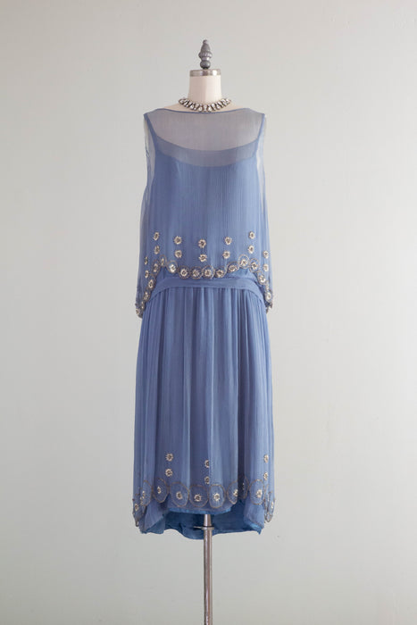 Exquisite 1920's Silk Chiffon Beaded Flapper Dress In Periwinkle / Medium