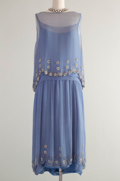 Exquisite 1920's Silk Chiffon Beaded Flapper Dress In Periwinkle / Medium