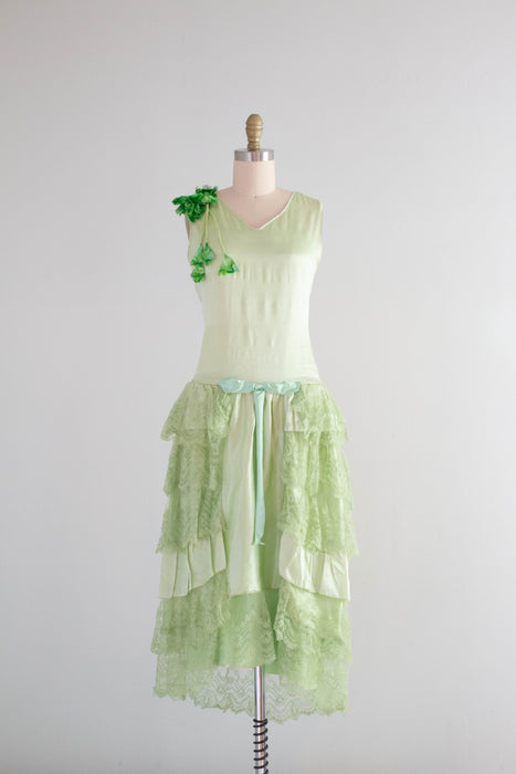 Ethereal 1920's Absinthe Green Silk Flapper Dress / Small