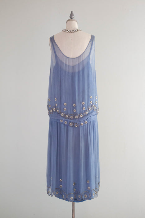 Exquisite 1920's Silk Chiffon Beaded Flapper Dress In Periwinkle / Medium