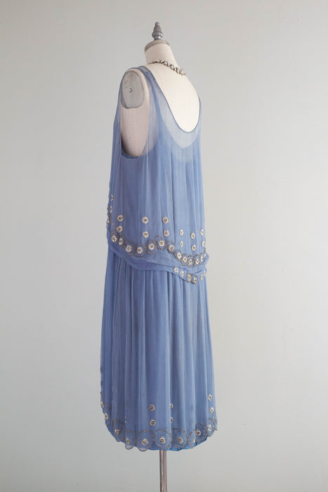 Exquisite 1920's Silk Chiffon Beaded Flapper Dress In Periwinkle / Medium