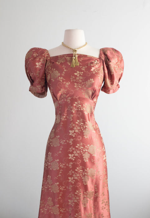 Gleaming 1930's Autumn Rose Silk Brocade Evening Gown / Small