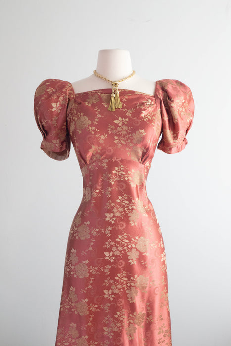 Gleaming 1930's Autumn Rose Silk Brocade Evening Gown / Small