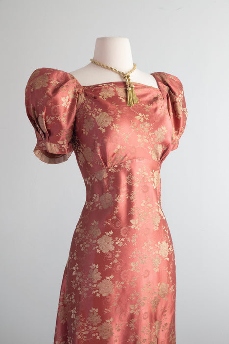 Gleaming 1930's Autumn Rose Silk Brocade Evening Gown / Small