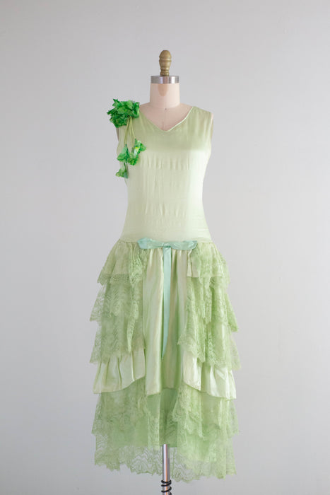 Ethereal 1920's Absinthe Green Silk Flapper Dress / Small