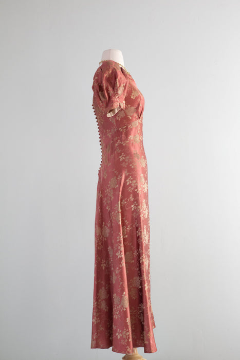 Gleaming 1930's Autumn Rose Silk Brocade Evening Gown / Small