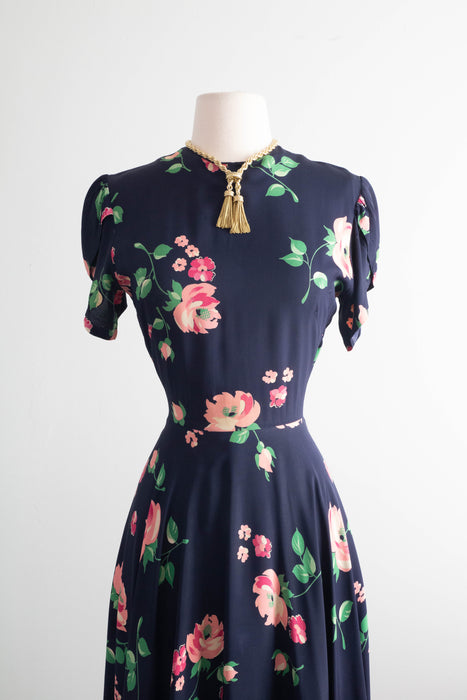 Stunning 1940's Pink Rose Print Navy Blue Rayon Dress / Small