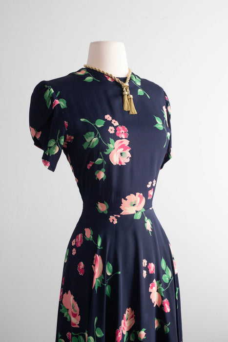 Stunning 1940's Pink Rose Print Navy Blue Rayon Dress / Small