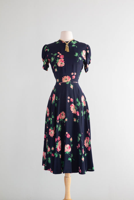 Stunning 1940's Pink Rose Print Navy Blue Rayon Dress / Small