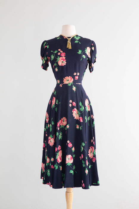 Stunning 1940's Pink Rose Print Navy Blue Rayon Dress / Small