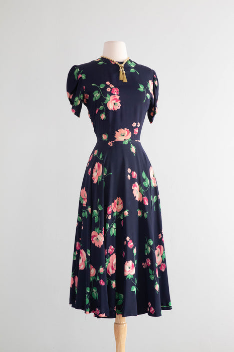 Stunning 1940's Pink Rose Print Navy Blue Rayon Dress / Small