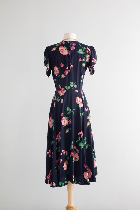 Stunning 1940's Pink Rose Print Navy Blue Rayon Dress / Small