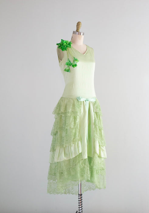 Ethereal 1920's Absinthe Green Silk Flapper Dress / Small