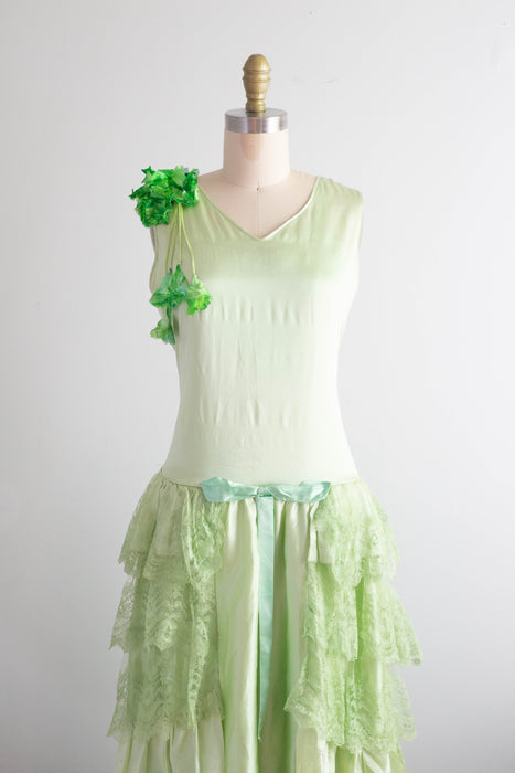 Ethereal 1920's Absinthe Green Silk Flapper Dress / Small