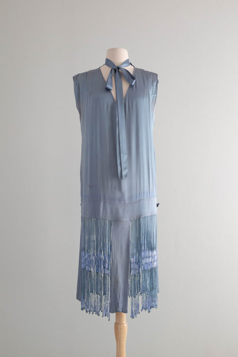 Rare 1920's Icicle Fringe Flapper Dress in French Blue Silk / M