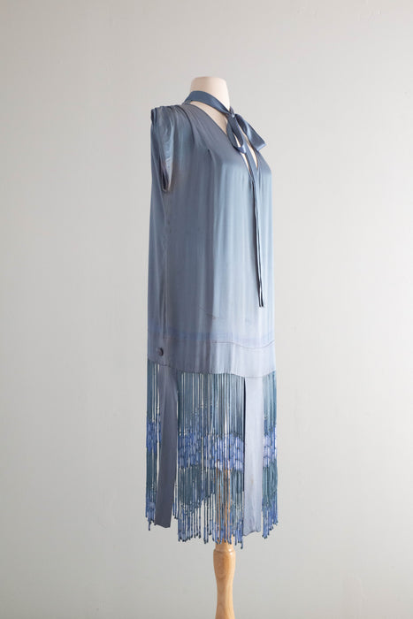 Rare 1920's Icicle Fringe Flapper Dress in French Blue Silk / M