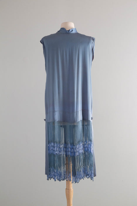 Rare 1920's Icicle Fringe Flapper Dress in French Blue Silk / M