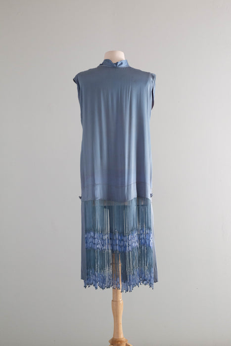 Rare 1920's Icicle Fringe Flapper Dress in French Blue Silk / M